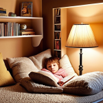 **Cozy Reading Nook:** A child curled up in a "läskula" (reading nook), surrounded by pillows, blankets, a lamp, and books. The atmosphere should be warm and inviting.