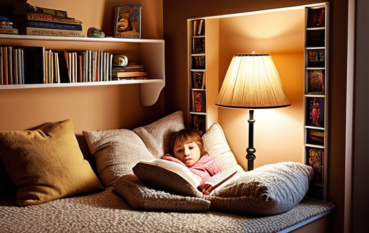 **Cozy Reading Nook:** A child curled up in a "läskula" (reading nook), surrounded by pillows, blankets, a lamp, and books. The atmosphere should be warm and inviting.