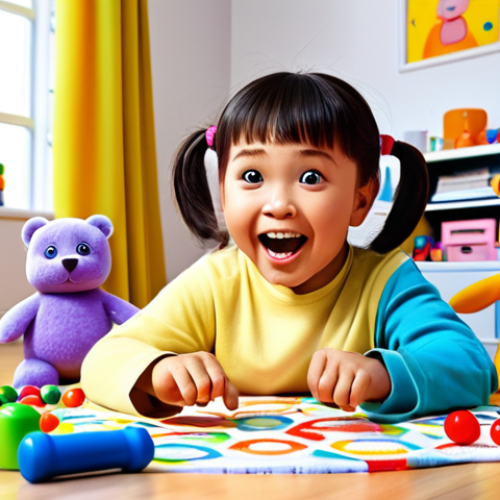 **Prompt:** Playful Heejini character, cartoon style, surrounded by colorful toys and educational materials, interacting with excited children, bright studio background, professional lighting.