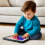 A curious toddler, aged 2-3 years, fully clothed in comfortable, modest clothing, gently tapping a large, colorful tablet screen held on their lap. The child is seated on a soft rug in a brightly lit, child-friendly living room. The scene is depicted in a vibrant, clean, modern children's book illustration style with high resolution. safe for work, appropriate content, fully clothed, family-friendly, perfect anatomy, correct proportions, natural pose, well-formed hands, proper finger count, natural body proportions, professional photography, high quality.