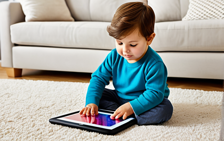 A curious toddler, aged 2-3 years, fully clothed in comfortable, modest clothing, gently tapping a large, colorful tablet screen held on their lap. The child is seated on a soft rug in a brightly lit, child-friendly living room. The scene is depicted in a vibrant, clean, modern children's book illustration style with high resolution. safe for work, appropriate content, fully clothed, family-friendly, perfect anatomy, correct proportions, natural pose, well-formed hands, proper finger count, natural body proportions, professional photography, high quality.