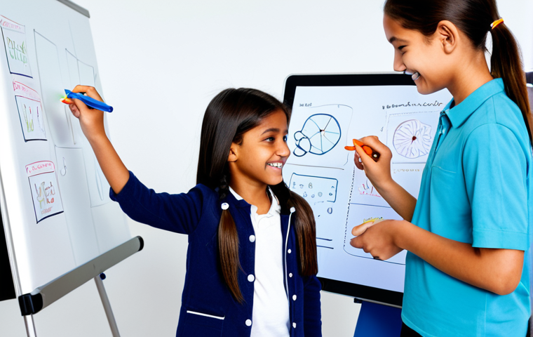 A diverse group of three children, aged 8-10, fully clothed in modest, comfortable attire, collaborating enthusiastically on an educational project in a brightly lit, modern content creation studio. One child draws on a whiteboard with colorful markers, another holds a small, safe science model, and the third interacts with an educational graphic on a tablet. The scene conveys active engagement, creativity, and teamwork. Natural pose, perfect anatomy, correct proportions, well-formed hands, proper finger count, natural body proportions. Professional photography, vibrant colors, clear focus, high resolution, soft studio lighting. safe for work, appropriate content, fully clothed, family-friendly.