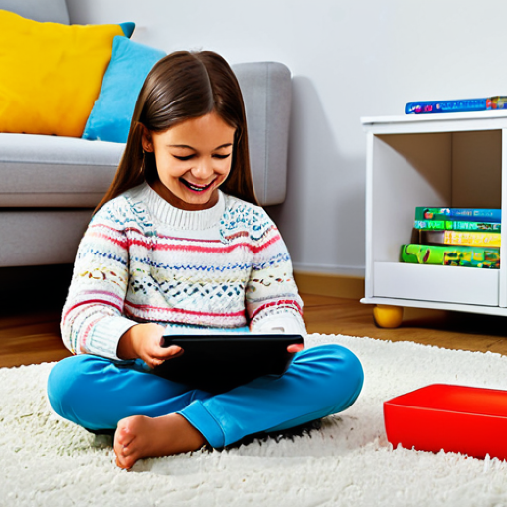 Prompt 1:** A happy young child, aged 5, fully clothed in a modest, comfortable sweater and trousers, joyfully engaging with a tablet displaying a vibrant, friendly digital character in a cartoon style, similar to "Hej Ginny." The child is seated on a soft rug in a brightly lit, cozy living room, surrounded by neatly arranged children's books and educational toys. The atmosphere is warm and inviting, emphasizing positive learning through entertainment. Professional studio lighting, sharp focus, high-resolution, natural pose, perfect anatomy, correct proportions, well-formed hands, proper finger count, natural body proportions. safe for work, appropriate content, fully clothed, family-friendly.