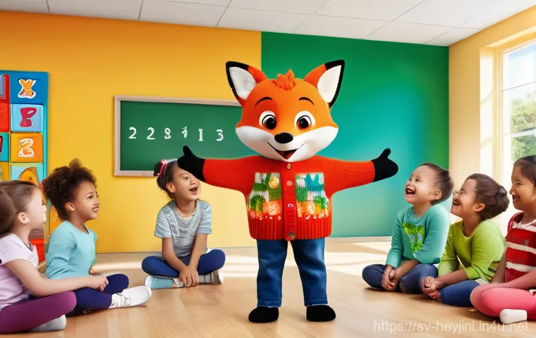 헤이지니 주요 에피소드 분석 - A group of cheerful children, aged 5-7, are excitedly gathered around a friendly, anthropomorphic ca...