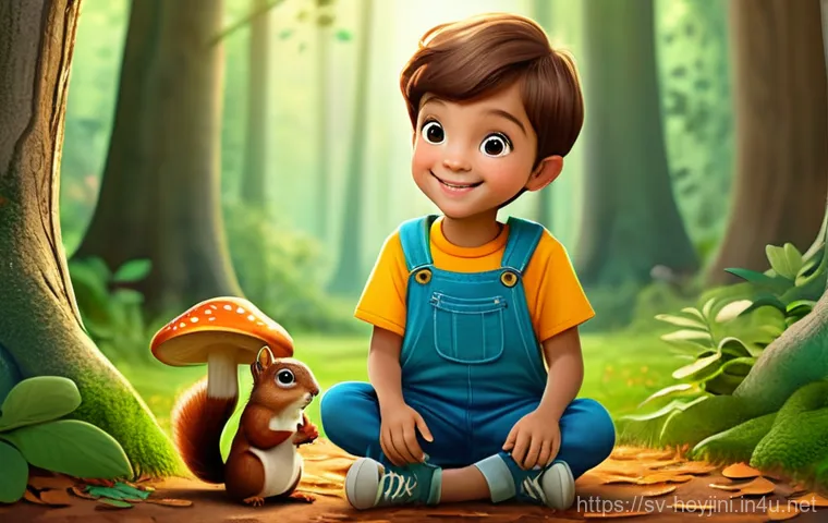 헤이지니 콘텐츠의 스토리보드 제작 - **Prompt 1: Curious Discovery in a Whimsical Forest**
    A friendly, cute, and slightly stylized ca...