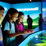 헤이지니의 오프라인 체험 공간 - **Prompt: Curious Children at a Modern Science Center**
    A group of diverse children, aged 6-12, ...