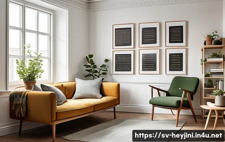 헤이지니의 유명 어록과 인용문 - A serene Scandinavian living room with warm natural light streaming through large windows, featuring...