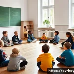 Home 22 헤이지니와 어린이 리더십 교육 - A warm and inviting classroom scene in Sweden with a diverse group of children aged around 8-10, all...