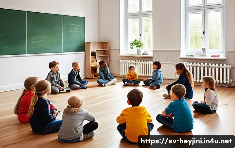 헤이지니와 어린이 리더십 교육 - A warm and inviting classroom scene in Sweden with a diverse group of children aged around 8-10, all...