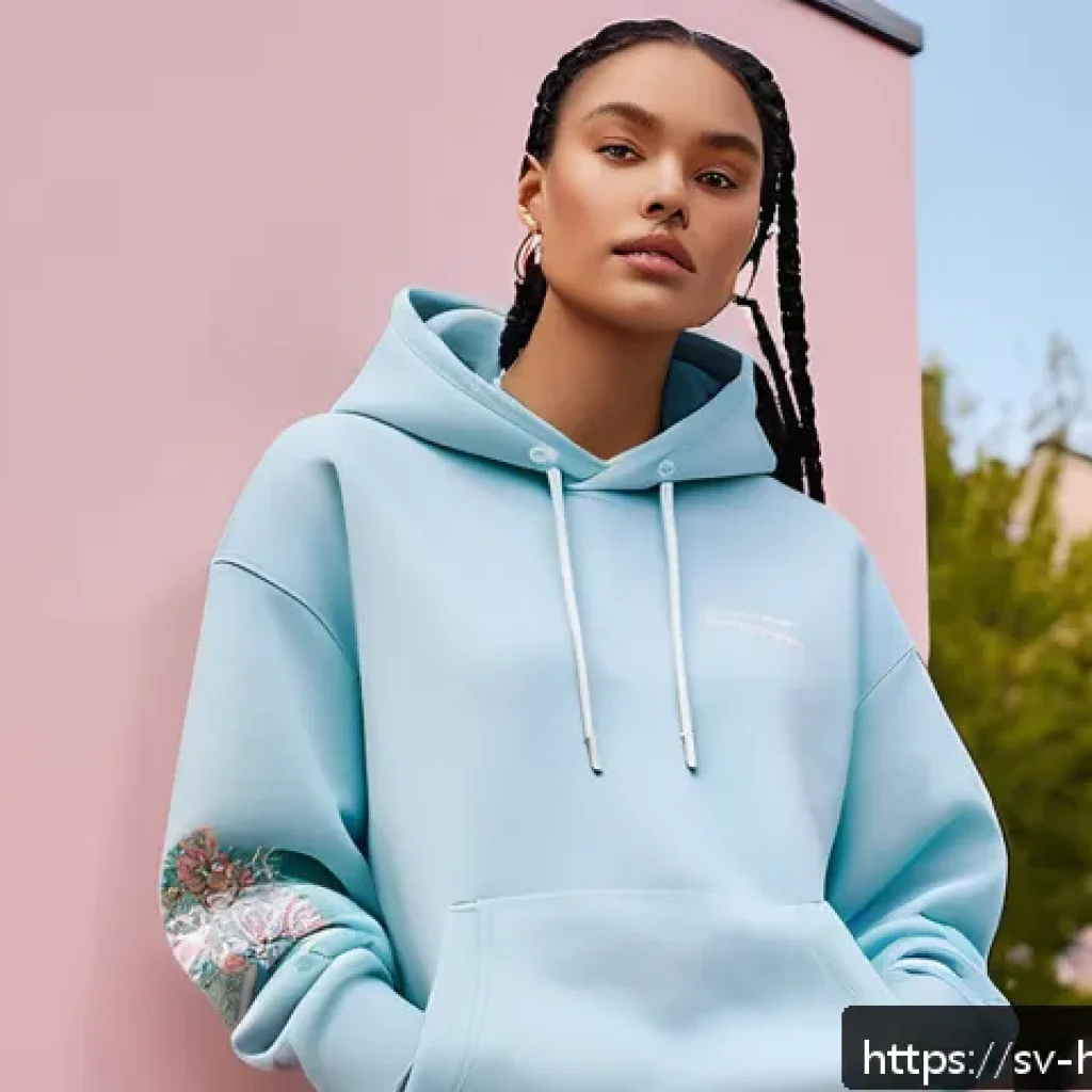헤이지니 굿즈 디자인 특징 - A cozy streetwear scene featuring a young adult wearing a pastel-colored oversized hoodie and sweatp...