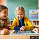 Home 18 헤이지니와 교육적 가치를 담은 콘텐츠 - A vibrant and engaging digital classroom scene set in Sweden, featuring diverse children aged around...