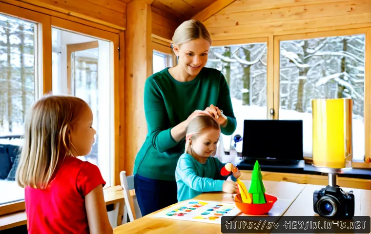 헤이지니 콘텐츠의 윤리적 접근 - Photorealistic Scandinavian children’s content production scene in a bright Swedish home studio, a c...